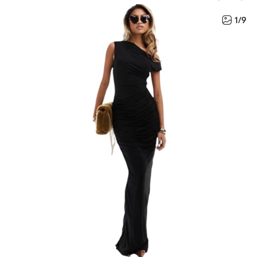 Naked Wardrobe Women's Maxi Dress Large Black One Shoulder Formal Wedding Party